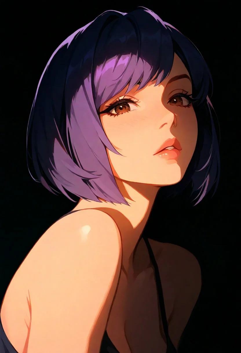 1girl, Juno (Overwatch 2), lips, thin lips, parted lips, solo, looking at viewer, camisole, upper body, dark, underlightling, masterpiece, best quality, very aesthetic, purple hair, bob haircut,