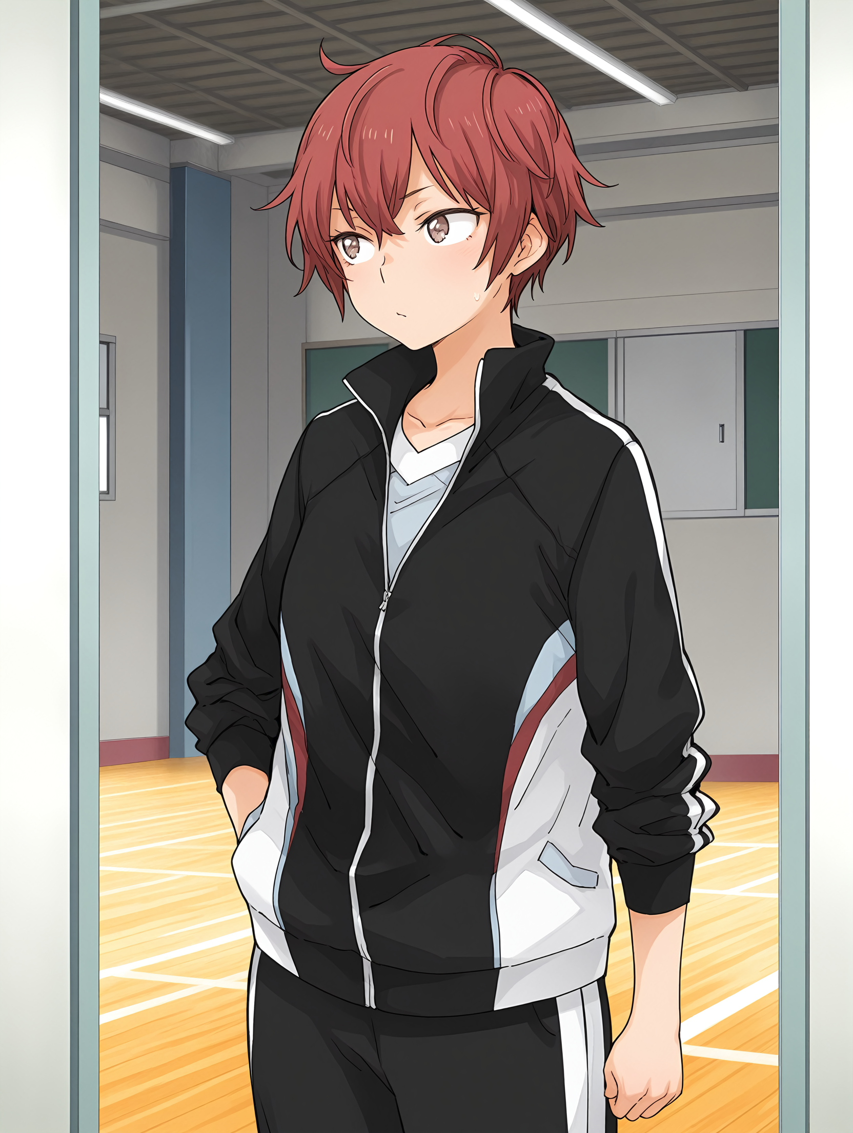 <lora:SDXL_kindred_spirits_on_the_roof__OkujÅ_no_Yurirei-san__å±ä¸ã®ç¾å:1> 
kd_vnstyle 1girl, solo,standing, school uniform, sportswear, black jacket, tomboy red hair, messy hair,
masterpiece,best quality,amazing quality,