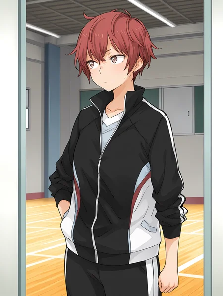 <lora:SDXL_kindred_spirits_on_the_roof__OkujÅ_no_Yurirei-san__å±ä¸ã®ç¾å:1> 
kd_vnstyle 1girl, solo,standing, school uniform, sportswear, black jacket, tomboy red hair, messy hair,
masterpiece,best quality,amazing quality,