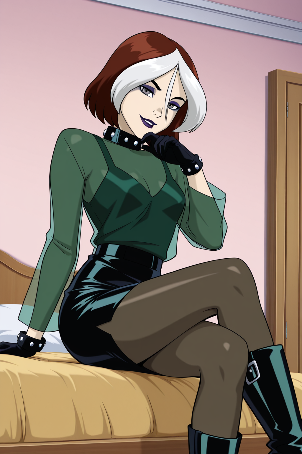 (((official style)), perfect anatomy, perfect eyes, close-up) BREAK <lora:RogueEVOIL:1> anne marie, short hair, multicolored hair, two-tone hair, brown hair, white hair, grey eyes, makeup, lipstick, sultry eyes, naughty face, ((looking at viewer)), studded collar, see-through, green shirt, long sleeves, black gloves, pencil skirt, pantyhose, boots, model pose, teasing viewer, legs crossed, hand on chin, sitting, arched back, sticking her chest out, bedroom, indoors