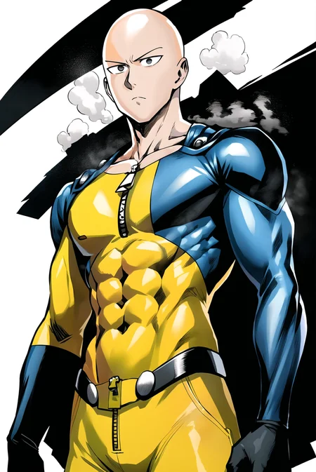 murata yuusuke, saitama \(one-punch man\), one-punch man, 1boy, abs, bald, belt, black eyes, yellow bodysuit, debris, red gloves, jumpsuit, male focus, solo, steam, superhero, white cape, white background, wrinkled skin, yellow bodysuit, zipper, zipper pull tab,
<lora:murata_yuusuke:0.6>