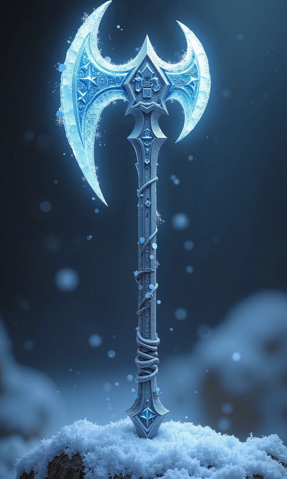 In a chilling fantasy setting, a frost-forged battle axe radiates an aura of frozen power. The weapon is crafted half from cold-forged steel and half from solid, enchanted ice. The icy side of the blade glistens with crystalline clarity, its surface swirling with frost and delicate snowflake patterns that seem to shift with every glance. The metal half bears a silvery-blue hue, textured with runes that glow faintly with cold magic. Wisps of freezing mist trail from the axe’s edge, and the handle, wrapped in frost-kissed leather, crackles with biting cold. This weapon embodies the heart of winter—beautiful, silent, and deadly.