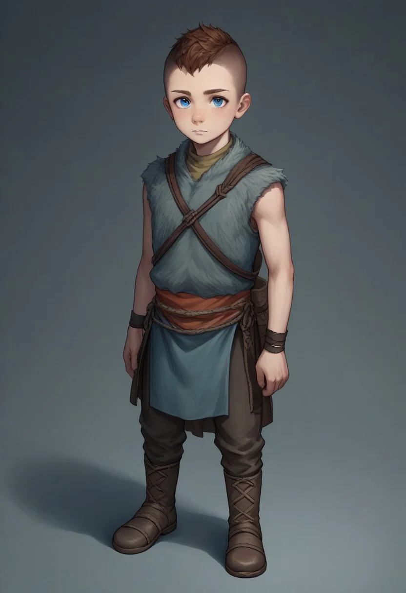 score_9, score_8_up, score_7_up, source_anime, highly detailed, 1boy, solo, cute boy, Atreus, Blue Eyes, auburn Hair, Undercut, Grey Fur Tunic, Brown Boots, loincloth, sleeveless