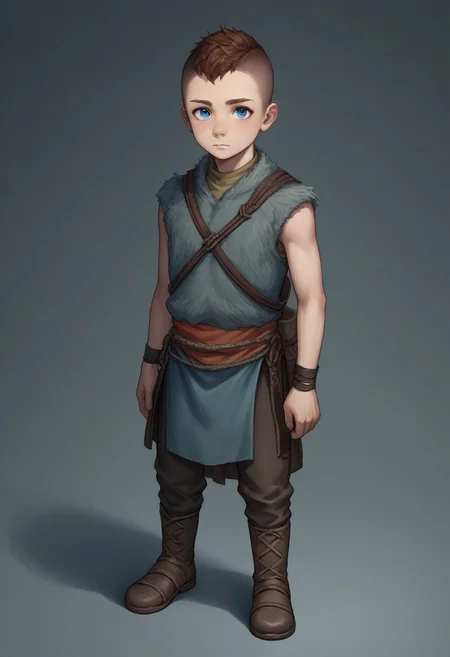 score_9, score_8_up, score_7_up, source_anime, highly detailed, 1boy, solo, cute boy, Atreus, Blue Eyes, auburn Hair, Undercut, Grey Fur Tunic, Brown Boots, loincloth, sleeveless