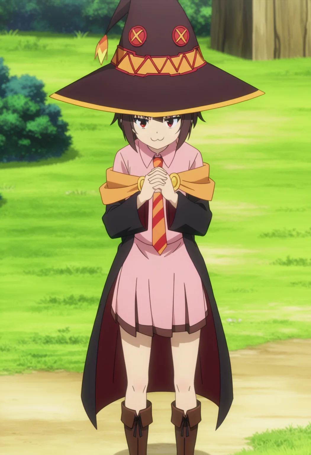 score_9, score_8_up, score_7_up, source_anime,
BREAK
1girl, solo, anime screencap, anime coloring,
<lora:shiMeguminV1:1.0>,
shimeguschool, academyuniform, short hair, skirt, brown hair, long sleeves, red eyes, pink dress, closed mouth, standing, outdoors, pleated skirt, boots, black cape, witch hat, brown footwear,
grass, diagonal-striped necktie, meme, smug,
black cat, chomusuke,
looking at viewer,