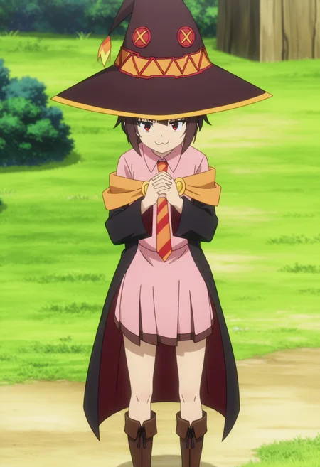 score_9, score_8_up, score_7_up, source_anime,
BREAK
1girl, solo, anime screencap, anime coloring,
<lora:shiMeguminV1:1.0>,
shimeguschool, academyuniform, short hair, skirt, brown hair, long sleeves, red eyes, pink dress, closed mouth, standing, outdoors, pleated skirt, boots, black cape, witch hat, brown footwear,
grass, diagonal-striped necktie, meme, smug,
black cat, chomusuke,
looking at viewer,