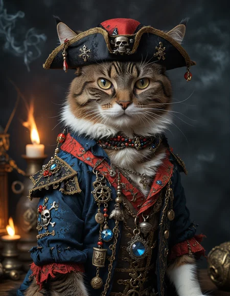 fierce pirate cat with a tattered pirate hat adorned with trinkets and symbols, The cat has two eyed colors one red and one blue, striking appearance. It wears a worn-out pirate coat with detailed stitching and patches, a red shirt underneath, The cat's chest is adorned with a necklace of various pirate-themed charms, The background is dark and smoky, glowing embers floating around, emphasizing the dramatic and adventurous aura of this pirate cat, <lora:MJ52:0.3>, <lora:add-detail-xl:1>