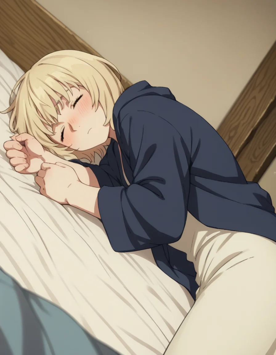 score_9, score_8_up, score_7_up, source_anime,
falintouden, <lora:falin-touden-s1-ponyxl-lora-nochekaiser:1>,
falin touden, short hair, blonde hair, closed eyes,
robe, long sleeves, open clothes,
indoors, bed, bed room, on side, blush, drunk,
looking at viewer, solo, cowboy shot, dutch angle,