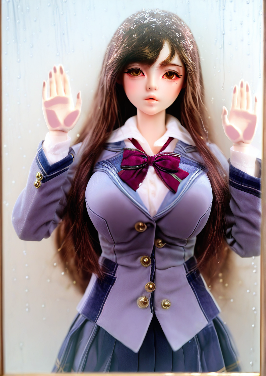<lora:GRANADO:1.3>,1girl, nakazawa kaori, huge breasts, detailed background, against glass, blazer, blue jacket, brown eyes, brown hair, collared shirt, cowboy shot, dress shirt, grey jacket, grey vest, jacket, long hair, long sleeves, looking at viewer, mole, mole under eye, neck ribbon, pleated skirt, rain, red ribbon, ribbon, school uniform, shirt, skirt, solo, standing, vest, water drop, white shirt, winter uniform, 
very awa, masterpiece, best quality, highres, absurdes,amazing quality