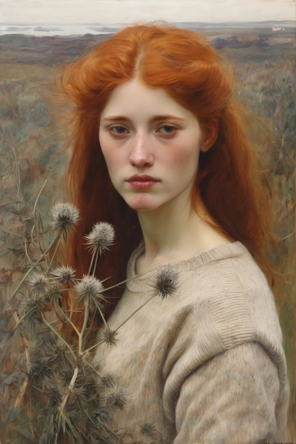 Jules Bastien-Lepage Style - Scottish redheaded woman hair down wearing an off white wool sweater surrounded by thistles seen from above painted by Jules Bastien-Lepage in 2023