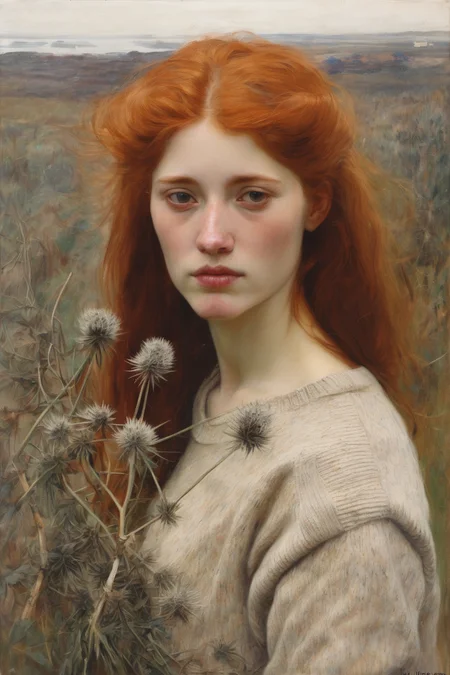 Jules Bastien-Lepage Style - Scottish redheaded woman hair down wearing an off white wool sweater surrounded by thistles seen from above painted by Jules Bastien-Lepage in 2023