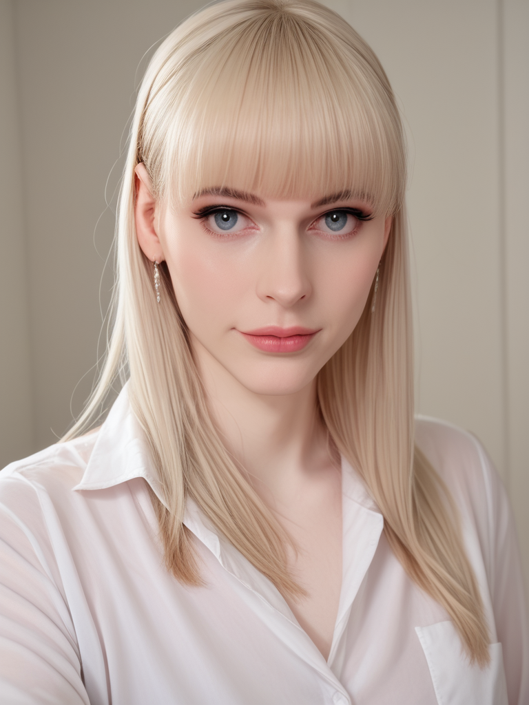 score_9, score_8_up, score_7_up, LiannaL4ws0n, Lianna Lawson, <lora:LiannaL4ws0n-pony:1>,  1girl, makeup, lips, long hair, hime princess cut hair, blonde hair, white blouse, portrait, solo, looking at viewer, bokeh, focus, film, velvia, artistic, best quality, photograph, focus