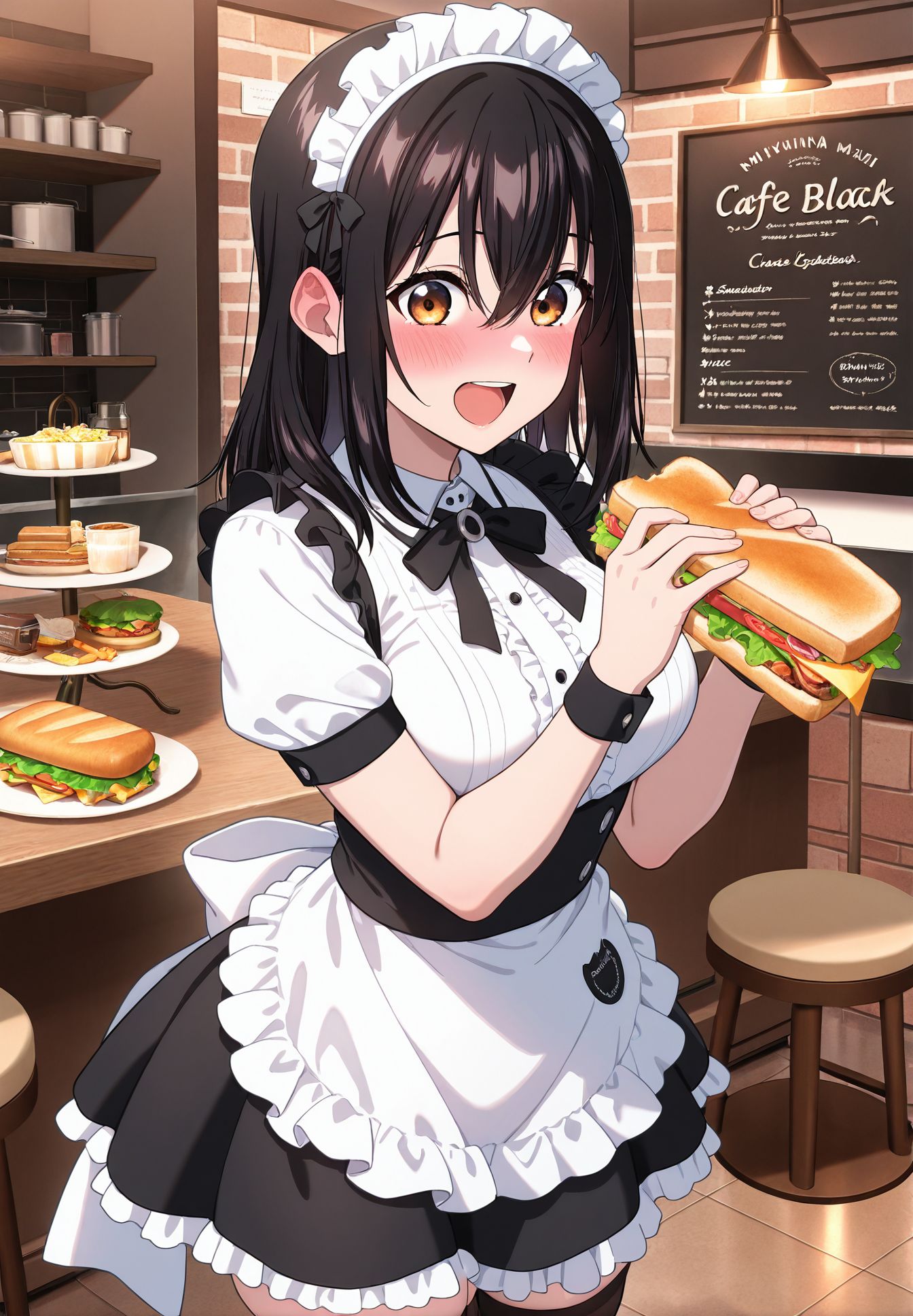 masterpiece,best quality,amazing quality,very aesthetic,absurdres,newest, huge filesize,
<lora:spo_sdxl_10ep_4k-data_lora_webui:0.5>,<lora:add-detail-xl:1>
 1girl, food, blush, sandwich, smile, open mouth, holding, white shirt, looking at view, eating, 
blushing, Himeragi Yukina, sexy maid black, blushing, yukina, cafe, maid headdress, thighhighs, 
<lora:illustrious_XL_yukina:0.9>