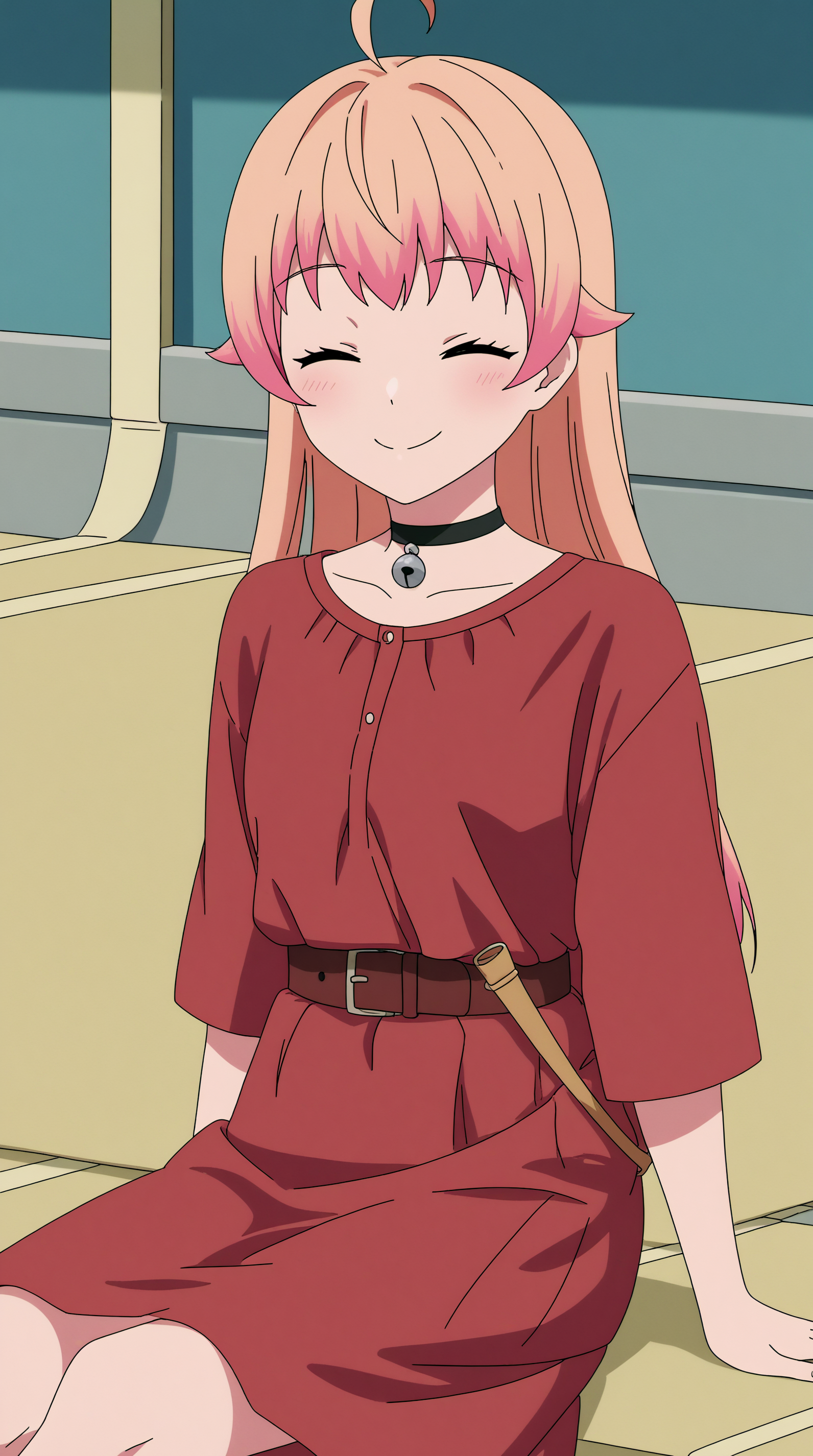 score_9, score_8_up, score_7_up, best background, detailed background, 4k, upscale, anime_source,  Nico Wakatsuki, solo, smile, dress, sitting, closed eyes, belt, black choker, bell, ^ ^, red dress, neck bell  <lora:JN_Nico_Wakatsuki_Pony:0.8>