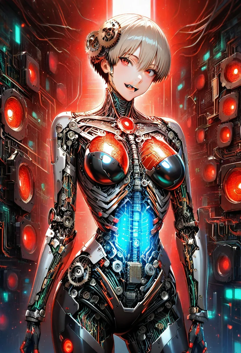 best quality, masterpiece, 8k, ultra detailed, intricate detail, realistic photography, digital painting art style, intricate details, ultra sharp, exquisite detail, vivid colors, exciting background,
rating_safe, sfw,
BREAK,
1girl, solo, uzaki hana from uzaki-chan, fang, curvy,
cybernetic body, glowing skin, led lights on body,
gears in stomach, gear box in body, circuit board in body, circuit on skin,
tilt head, looking at viewer,
green, circuit board,
green circuit board room, circuit board background,
red lights, emergency red lights, blink,