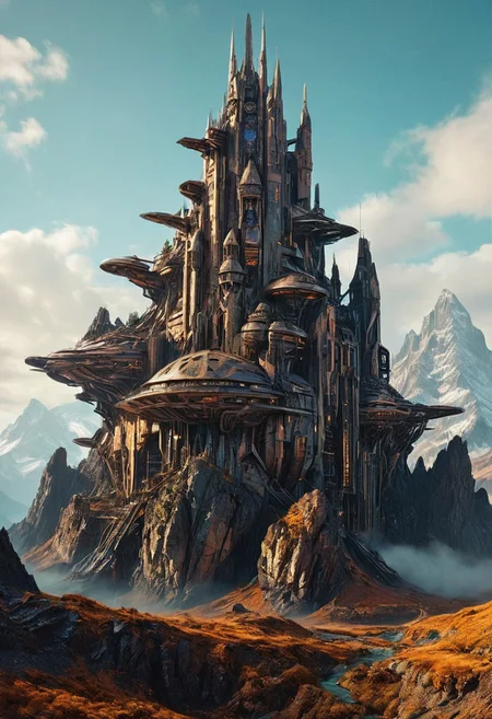 Visualize a futuristic mountain , symbolizing online community in the style of incorporate elements that evoke a sense of building with a large spaceship complex,  concept art by Igor Kieryluk, gothic art,  fantastical, film photography style, heavy grain