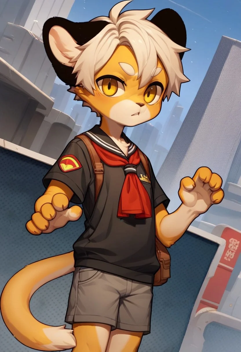 solo, furry, anthro, mikus, 1boy, solo, paws, boy, petite boy, slim boy, small boy, (white hair, dark yellow eyes, yellow fur, dotted eyebrows, small eyebrows, white eyebrows, white fur, yellow paws, (tail tip black:1.3), black ears), Soviet schoolgirl uniform, frilled apron, red neckerchief, score_8_up, score_7_up, score_6_up, score_5_up, score_4_up, outdoors, cityscape, dutch angle, random pose, spontaneous pose, random view, view from different angles, shorts, chibi