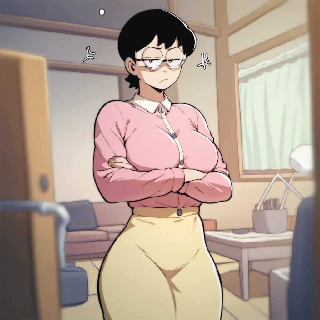 score_9, score_8_up, score_7_up, score_6_up, 1girl, solo, anime, Tamako Nobi from Doraemon, short hair, black hair, glasses, pink shirt, long sleeves, yellow skirt, large breasts, living room, arms crossed, annoyed expression,