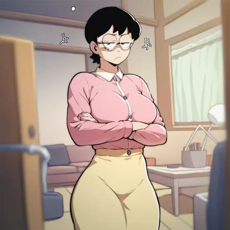 score_9, score_8_up, score_7_up, score_6_up, 1girl, solo, anime, Tamako Nobi from Doraemon, short hair, black hair, glasses, pink shirt, long sleeves, yellow skirt, large breasts, living room, arms crossed, annoyed expression,