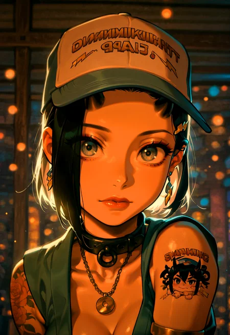 dynamic angle, raytracing, soft lighting, blum effect, masterpiece, absolutely eye-catching, particles, glow, shining, intricate cinematic background, (beautiful face), BREAK hair ornament, jewelry, earrings, necklace, collar, armlet, glowing, looking at viewer, geisha style, dynamic pose, BREAK th1nk1ng c4p, hat, blue headwear, meme, english text, lightning bolt symbol, masterpiece,amazing quality,best quality,ultra-detailed,8K,illustration,CG,shiny hair,clear skin,ultra-detailed-eyes, detailed background,cute girl, eyelashes, BREAK Aka-Oni, oni, smooth horns, black horns, golden eyes, BREAK kimono, collarbone, cherry blossom, head rest on arm, chained, flower tattoos, (Sexy lips), black_hair, closed_mouth, white_hair, multicolored_hair, from_side, grey_eyes, eyelashes, lips, makeup, expressionless, portrait, close-up, white_eyes, long_eyelashes, partially illuminated, backlighting, Intricately designed, Mysterious, <lora:IL\KMS_CMS_Penny_Burfine_IL-000013:1> <lora:IL\KMS_Thinking_Cap_IL:1>