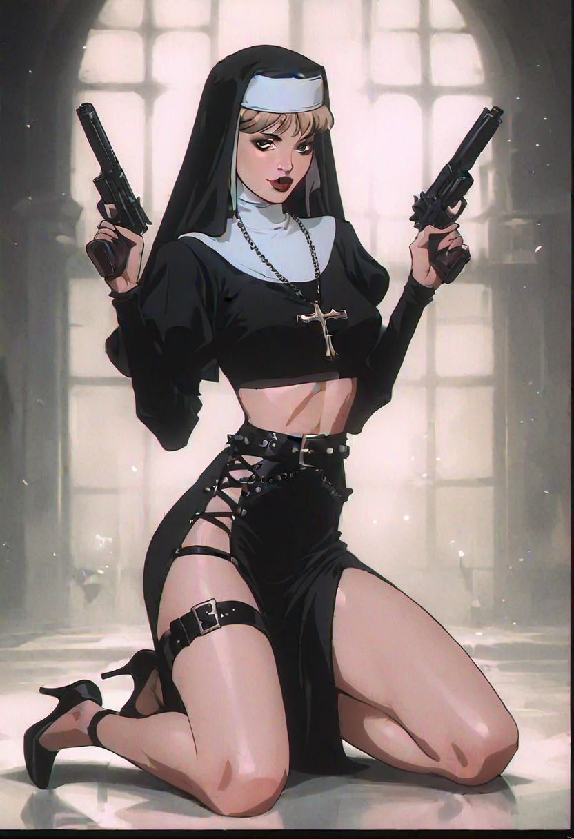 score_9, score_8_up, score_7_up,  realistic, concept art, nun, black nun outfit, legs, hips, holding two guns, leather belt, white nun hat, black bra, high heels, seductive, skinny, looking at viewer, dark theme, low light, 1990s \(style\)