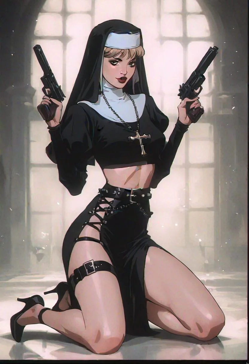 score_9, score_8_up, score_7_up, realistic, concept art, nun, black nun outfit, legs, hips, holding two guns, leather belt, white nun hat, black bra, high heels, seductive, skinny, looking at viewer, dark theme, low light, 1990s \(style\)
