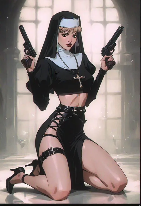 score_9, score_8_up, score_7_up, realistic, concept art, nun, black nun outfit, legs, hips, holding two guns, leather belt, white nun hat, black bra, high heels, seductive, skinny, looking at viewer, dark theme, low light, 1990s \(style\)
