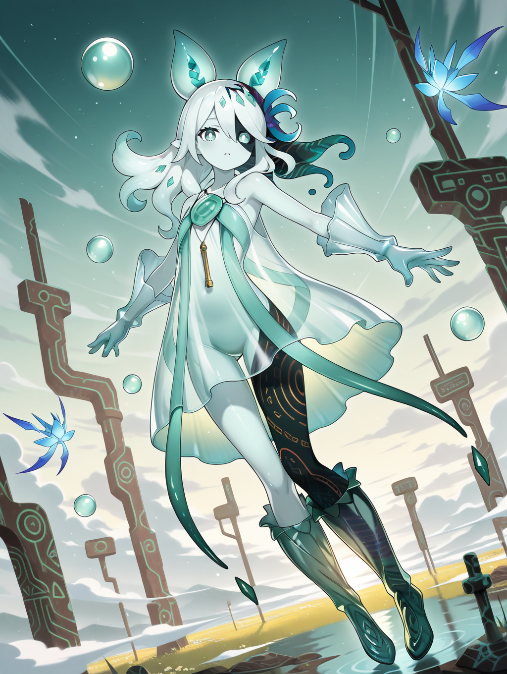 monster girl, icejade acti, 1girl, solo, green bubble, looking at viewer, bright pupils, floating, parted lips, full body, green background, see-through body, see-through knee boots, see-through gloves, see-through dress, hair flower, bubble pipe necklace, cyan fairy, historical ruins, dutch angle, heterochromia
masterpiece,best quality,amazing quality,very aesthetic,absurdres,newest,<lora:Icejade Acti illuXL v1.2:0.83>,