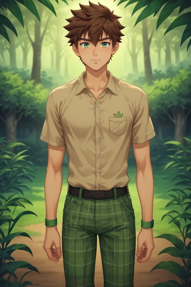 score_9, score_8_up, score_7_up, , rating_safe, intricate details, anime screencap, anime coloring, official style, , depth of field, 1boy, solo, male focus, <lora:keitaro_nagame_pony:0.96>, keitaro_nagame, brown hair, green eyes, short hair, , , jungle temple, stone guardians, vine doors, ritual chambers, ceremonial pose, reverent expression, filtered light, male Golden age Angular, Central Asian, Gray eyes, Folded Ears, Unusual Nose, Round Chin, Symmetrical Cheeks, Triangle face shape, , Peach Spiky hair hair, Affection, wearing Plaid golf pants, Gingham shirt, , ,, Head tilted to the side, indicating thoughtfulness, <lora:sdxl_lightning_8step_lora:1>