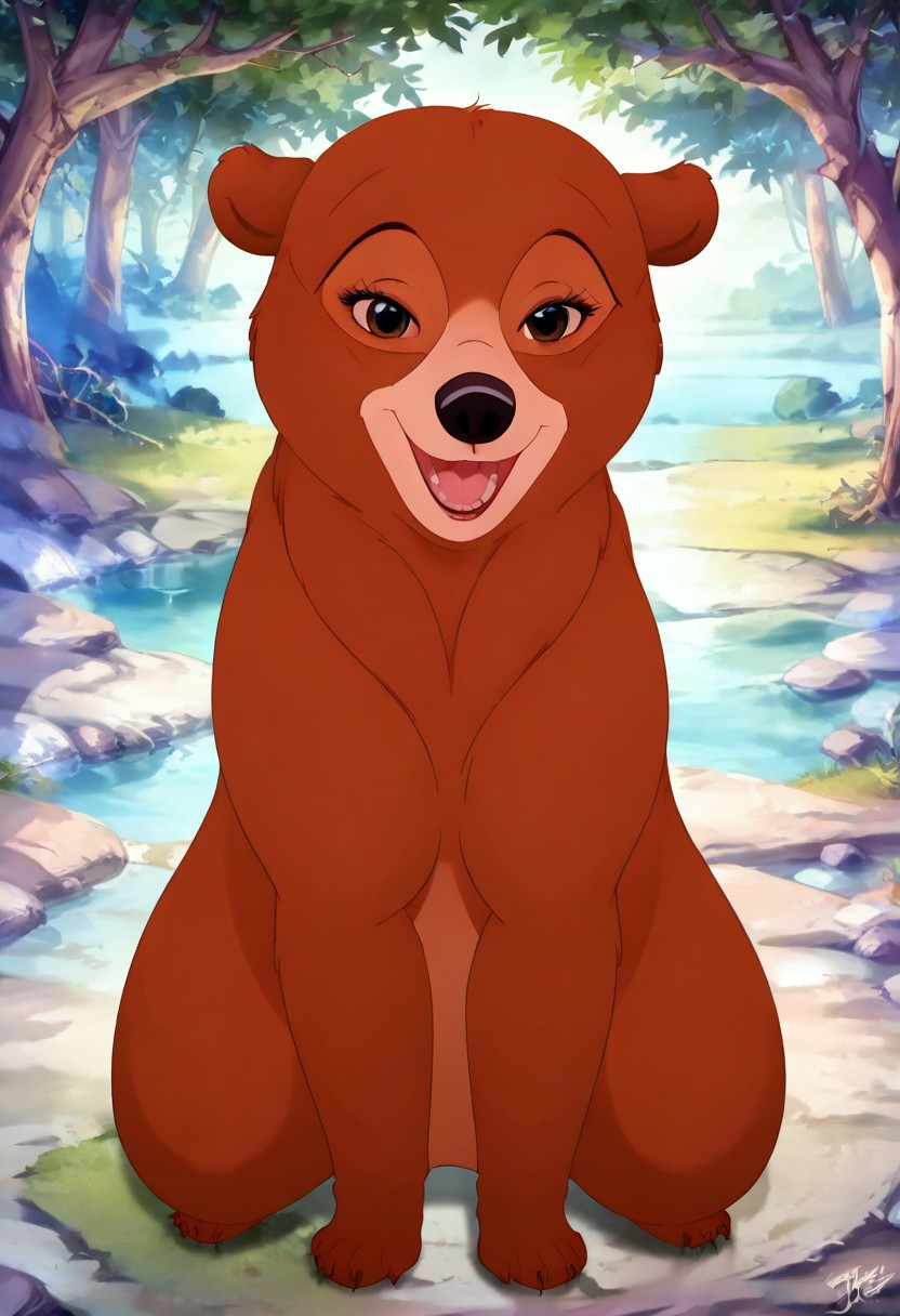 Bear, cartoon, female, Nita, Disney, 2d, detailed forest background, bipedal, full body, <lora:J_cartoon:0.7>, j_cartoon, <lora:MeekoXL:0.9>, Disney, score_9, score_8_up, score_8, solo, (feral), detailed fur, ((happy expression)), ((looking at viewer seductively:1.6)), breathtaking, environmental lighting, professional, highly detailed, ((detailed shaders)), beautiful, high quality, night-time, outdoors, dark forest, <lora:Furtastic_Detailer:1>