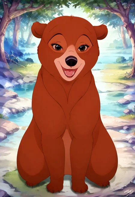 Bear, cartoon, female, Nita, Disney, 2d, detailed forest background, bipedal, full body, <lora:J_cartoon:0.7>, j_cartoon, <lora:MeekoXL:0.9>, Disney, score_9, score_8_up, score_8, solo, (feral), detailed fur, ((happy expression)), ((looking at viewer seductively:1.6)), breathtaking, environmental lighting, professional, highly detailed, ((detailed shaders)), beautiful, high quality, night-time, outdoors, dark forest, <lora:Furtastic_Detailer:1>