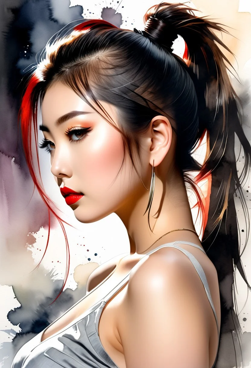 Magnificent abstract watercolor image in the style of a cinematic movie poster; ultra-crisp lines and high photorealism; low-angle, off-center view from below and the side, capturing a stunning 18 year old Japanese woman with large breasts and with a high ponytail, sultry red lips, smoky dark eyeshadow, and flawless porcelain skin; wearing a thin, loose camisole and a frayed denim shorts; adorned with layered heavy necklaces and long dangling earrings; dramatic, directional lighting casting expressive shadows; abstract, flowing background with vibrant watercolor textures; sensual and seductive atmosphere with a tasteful erotic allure; artistic, moody, and visually striking composition