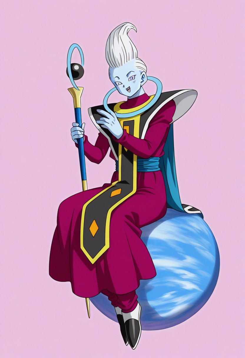 IllustriousQual, simple background, high quality,dragon ball, dragon ball super, whis,1boy, :d, blue skin, colored skin, full body, grey eyes, halo, crimson dress, black tabard, long sleeves, hands up, looking at viewer, male focus, open mouth, pink robe, planet, robe, shoes, sitting, smile, solo, tall hair, white hair,holding staff