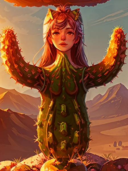 Cactus_elemental, human_face, bangs, blue_sky, blunt_bangs, day, gradient, gradient_background, sky, solo, (cactus_body:1.1), <lora:Monsters & Gods:0.8> human head with animal body, hybrid, <lora:add_saturation:1.65>, <lora:l_32:-0.6>, desert background, hot and sunny, <lora:LCM_SD15:1.0>