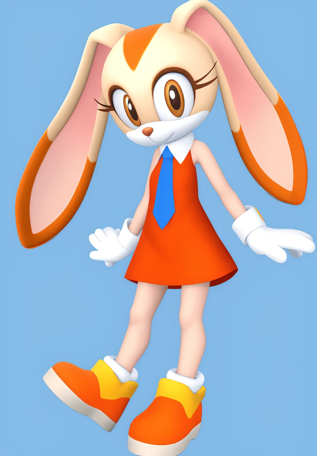 <lora:Cream_the_Rabbit:0.8>, Cream_the_Rabbit, 1girl, solo, looking at viewer, smile, simple background, dress, bare shoulders, closed mouth, standing, full body, necktie, sleeveless, sleeveless dress, blue background, short dress, leg up, red dress, happy, standing on one leg, blue necktie, furry female, collared dress, orange dress, heel up