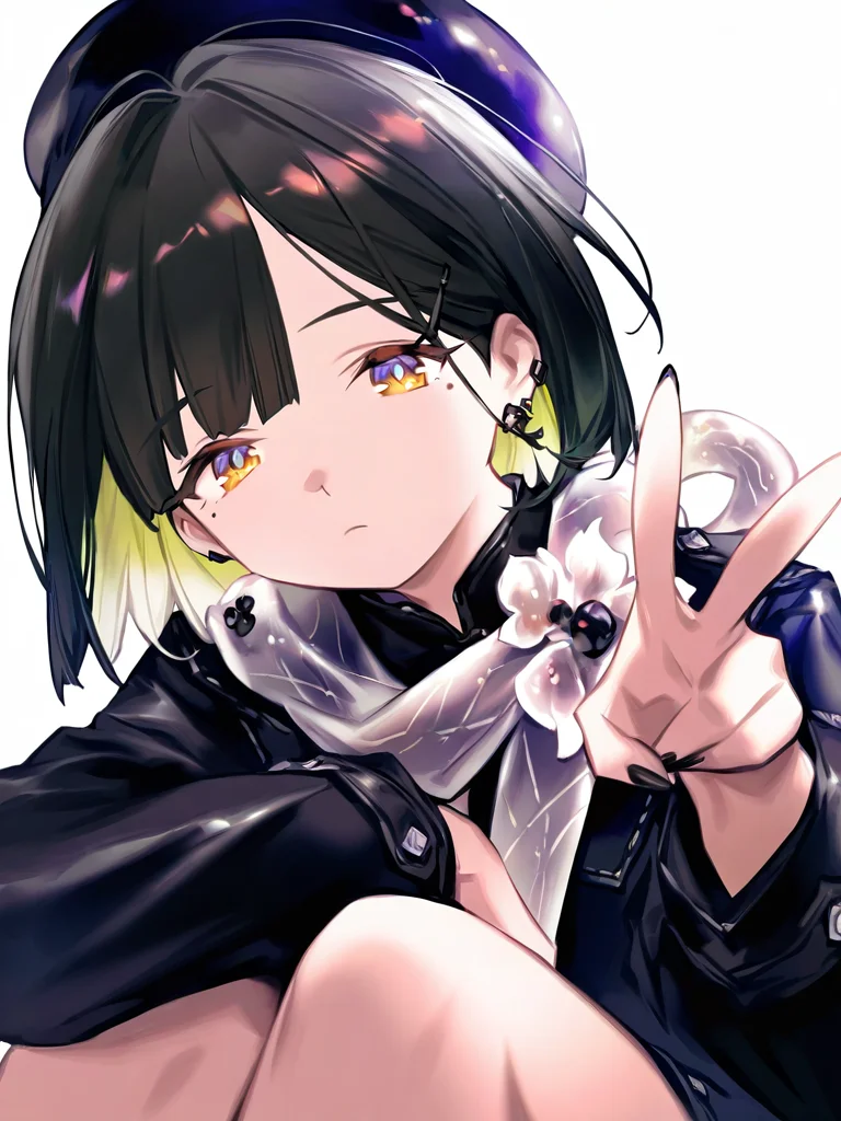 1girl,,looking at viewer,solo,(simple background:1.2),(white background:1.1),jie,sitting,v,lee hyeseung,<lora:jie-000014:1>, masterpiece, best quality, very aesthetic, absurdres,newest, incredibly absurdres,