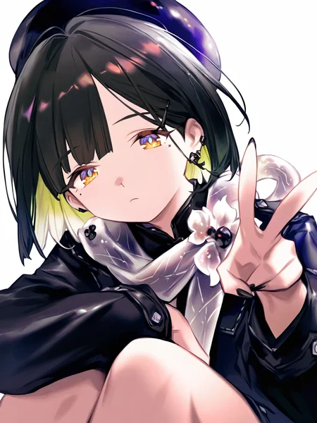 1girl,,looking at viewer,solo,(simple background:1.2),(white background:1.1),jie,sitting,v,lee hyeseung,<lora:jie-000014:1>, masterpiece, best quality, very aesthetic, absurdres,newest, incredibly absurdres,