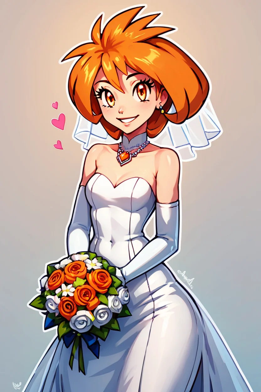 score_9, score_8_up, score_8, medium breasts, (curvy), cute, eyelashes, BREAK, , zzBrigette, short hair, orange hair, orange eyes, <lora:Brigette_Pokemon_PDXL:0.7>, , BREAK, smile, looking at viewer, bride, wedding dress, bridal veil, strapless dress, elbow gloves, holding bouquet, hearts, white outline, cowboy shot, embedding:zPDXL, Expressiveh, <lora:CatalystStylePDXL:0.6>, <lora:SDXLFaeTastic2400:0.5>, <lora:Expressive_H-000001:0.4>,