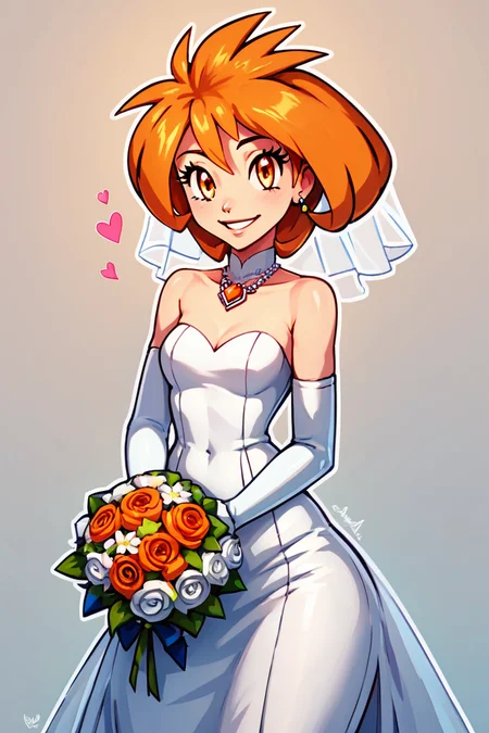 score_9, score_8_up, score_8, medium breasts, (curvy), cute, eyelashes, BREAK, , zzBrigette, short hair, orange hair, orange eyes, <lora:Brigette_Pokemon_PDXL:0.7>, , BREAK, smile, looking at viewer, bride, wedding dress, bridal veil, strapless dress, elbow gloves, holding bouquet, hearts, white outline, cowboy shot, embedding:zPDXL, Expressiveh, <lora:CatalystStylePDXL:0.6>, <lora:SDXLFaeTastic2400:0.5>, <lora:Expressive_H-000001:0.4>,