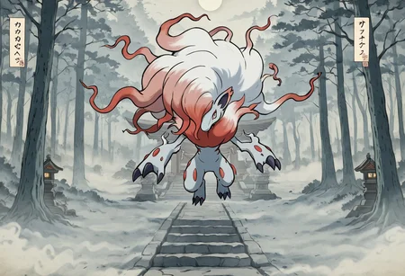pokemon (creature), hisuian zoroark, style, thick lines, outline, no humans, ghostly aura, long white fur, crimson accents, snowy forest, haunted atmosphere, floating pose, eerie glow, fog, ancient shrine, solo, pale moonlight