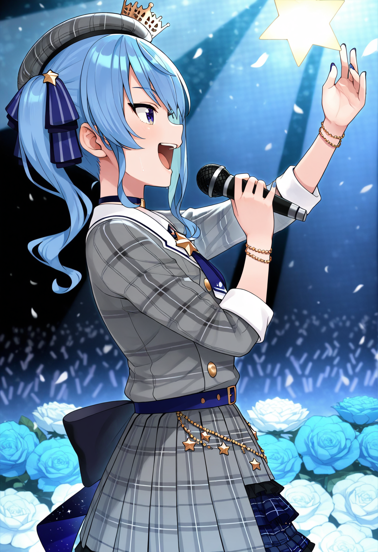 masterpiece,best quality,amazing quality,
1girl, microphone, solo, virtual youtuber, hoshimachi suisei, holding microphone, blue eyes, hat, holding, blue hair, open mouth, star (symbol), side ponytail, flower, bracelet, skirt, from side, crown, grey headwear, nail polish, bow, jewelry, ribbon, smile, beret, singing, shirt, hair ribbon, medium hair, profile, music, white shirt, long hair, pleated skirt, bangs, jacket,
 <lora:Tamagoro_epoch_8:1>