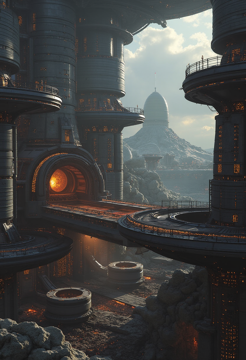 yfg-l3ms, YFG-L3ms a labyrinth of conveyor belts delivering raw materials to an advanced forging chamber, Earthâs horizon in the distance
