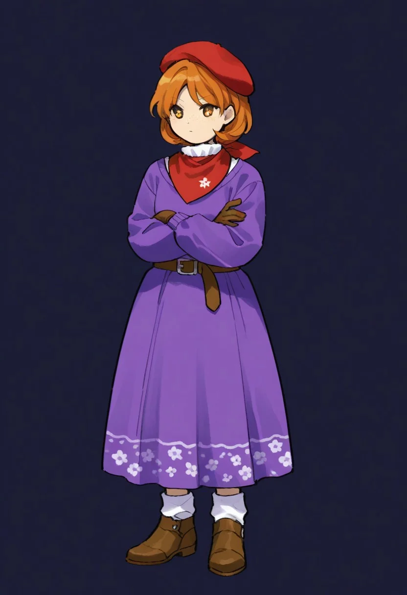 colorful, kaigen_1025, BREAK, 1girl, solo, (tall, chubby, yellow eyes, short hair, red beret, ginger hair, freckles, long sleeves, purple sweater, purple dress, white collar, red bandana around neck, long skirt, floral pattern skirt, leather belt, brown boots, wool gloves, long wool socks,), full body, crossed arms, dark background, simple background, purple monochrome,
