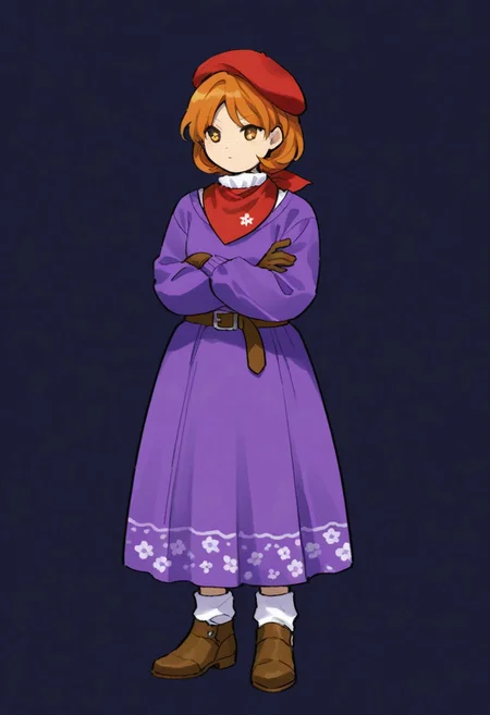 colorful, kaigen_1025, BREAK, 1girl, solo, (tall, chubby, yellow eyes, short hair, red beret, ginger hair, freckles, long sleeves, purple sweater, purple dress, white collar, red bandana around neck, long skirt, floral pattern skirt, leather belt, brown boots, wool gloves, long wool socks,), full body, crossed arms, dark background, simple background, purple monochrome,