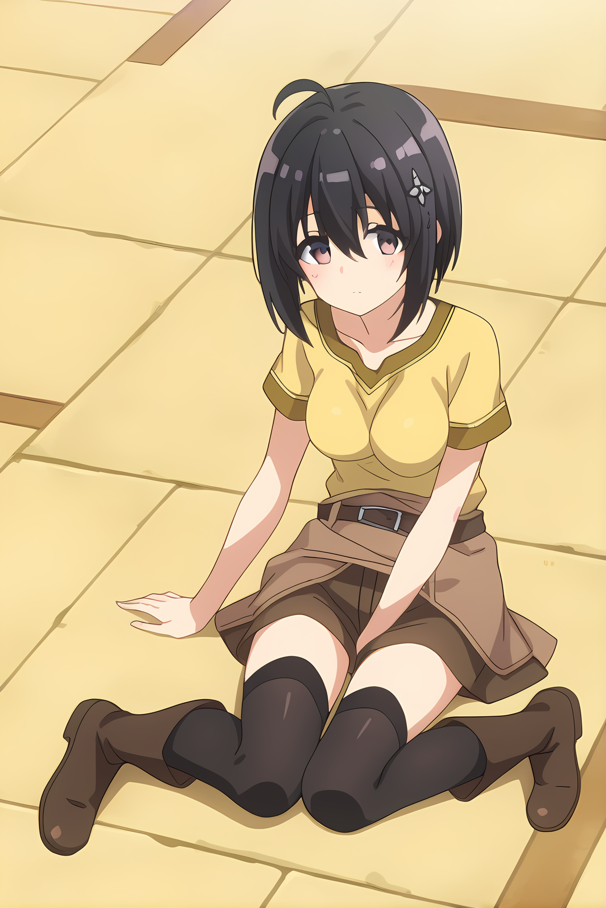 (yellow shirt born skirt brown shorts black thighhighs brown boots belt), bof-maple, black hair, hair ornament, medium breasts, 1girl, solo, skinny, feet, score_9, score_8, score_7, source_anime, horny, , (1.3::full body|sitting|standing|lying|0.6::close-up| :1.20), <lora:bof-maple-V01-000004:1.00>