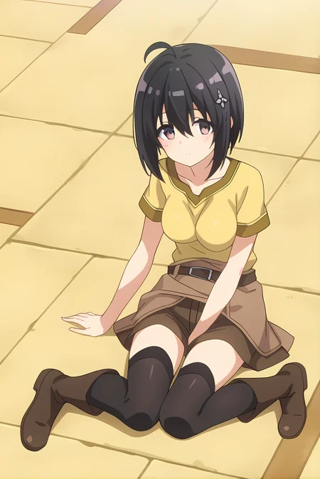 (yellow shirt born skirt brown shorts black thighhighs brown boots belt), bof-maple, black hair, hair ornament, medium breasts, 1girl, solo, skinny, feet, score_9, score_8, score_7, source_anime, horny, , (1.3::full body|sitting|standing|lying|0.6::close-up| :1.20), <lora:bof-maple-V01-000004:1.00>