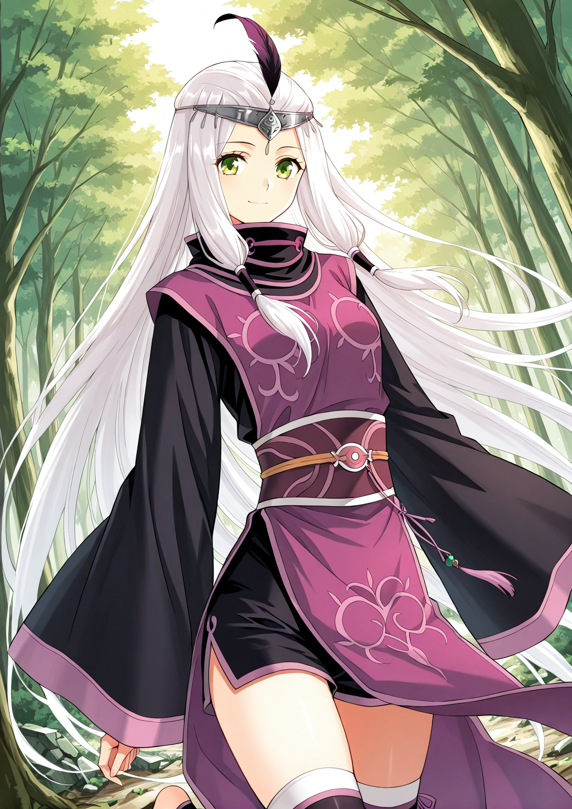 <lora:Xiao_Yi_Xian__Battle_Through_the_Heavens__Illustrious-000010:1>
1 girl, solo, green eyes, hair tubes, sidelocks, very long hair,
chinese clothes, robe, long sleeves, wide sleeves, circlet, thighhighs, toeless legwear, forehead protector, feathers, sleeves past fingers, black shorts, barefoot, white hair, 
score_9, score_8_up, score_7_up, very aesthetic, source_anime, detailed, high quality, beautiful, masterpiece, detailed eyes, forest, tree, ruins, cowboy shot, dynamic angle, upper body, light smile, dynamic pose
