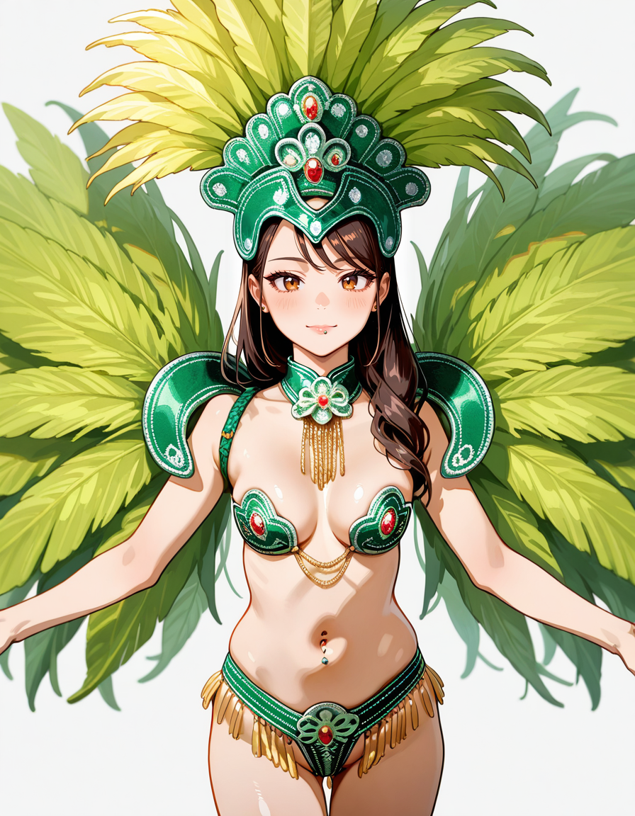 score_7_up, anime BREAK official art, 
<lora:Asakusa_Samba_Carnival:1>, Asakusa Samba Carnival, 
1girl, breasts, navel piercing, solo, piercing, samba costume, revealing clothes, nipple cover, green costume, headdress, Revealing costume, 
(masterpiece:1.3), best quality, high resolution, unity 8k wallpaper, extremely detailed CG, 8K, (watercolor \(medium\), muted color, sketch:1.1), perfect anatomy, highly finished, masterpiece, best quality, high quality, amazing quality, great quality, very aesthetic, ultra detailed, highres, absurdres, highly detailed, highly detailed background,