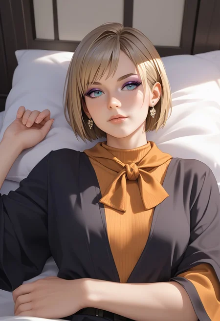 score_9, score_8_up, score_7_up, masterpiece,1 girl beautiful, Ashley Graham, beautiful face, (perfect body: 1.3), petite, small woman, (black satin robe), laying on a bed, short dark blonde hair, bobcut blue eyes, silver earrings, purple eyeshadow, beautiful cinematic lighting, aesthetic, full color