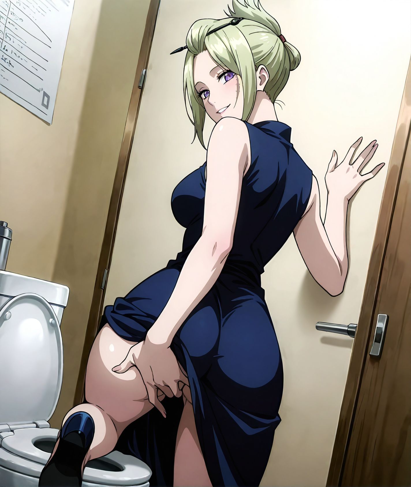 masterpiece best quality newest absurdres highres detailed eyes beautiful detailed background perfect eyes anime coloring anime screencap<lora:add-detail-xl:0.5>,
<lora:Toilet_masturbation:0.5>Toilet_0masturbationV1,
1girl,solo,from bejind,
standing on one leg,
from behind,fingering,
Toilet masturbation,
dress, looking at viewer, smile,
medium breasts, blonde hair, folded ponytail, blonde hair, hair ornament, hair stick, hair up, hairpin, purple eyes, scar on cheek, short hair, tsukuyo, 
<lora:RGV_Tsukuyo_GTM:0.9>
mature female, 20YO,